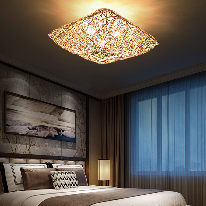 Asian Style Bamboo Ceiling Light Geometric Flush Mount Light for Bedroom