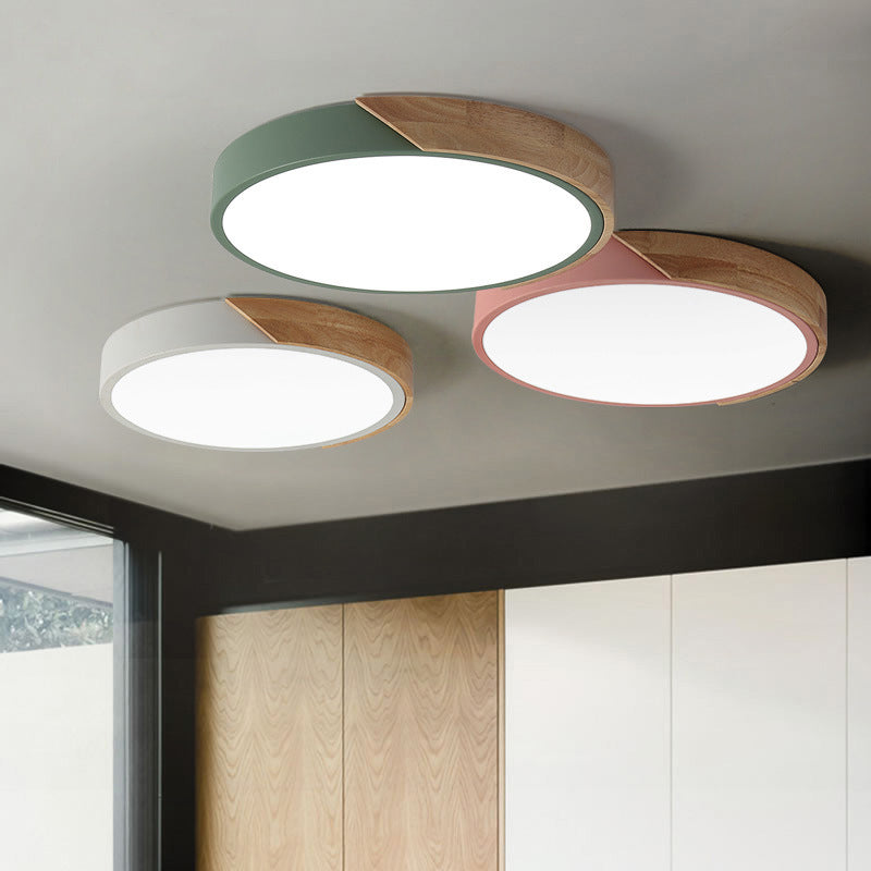 Nordic Colorful Ceiling Light Metal Round Flush Mount Light with Wood for Living Room