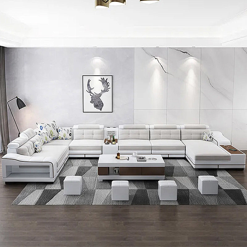 33.46"High Fabric Sloped Arms Sectional Sofa with 2 Cup Holders,White