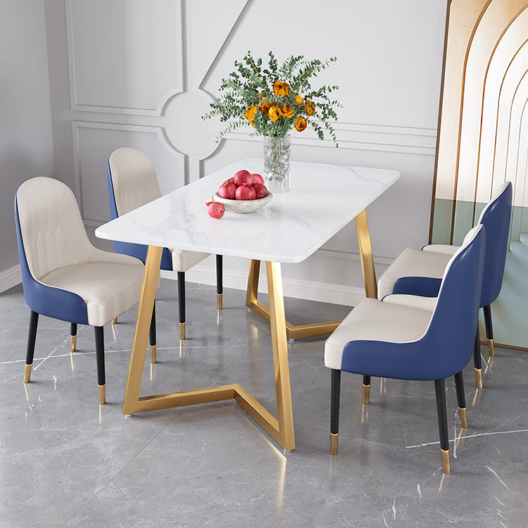 Glam Iron Dinette Set 1/2/5/6 Pieces Rectangle White Sintered Stone Top Dining Table Set