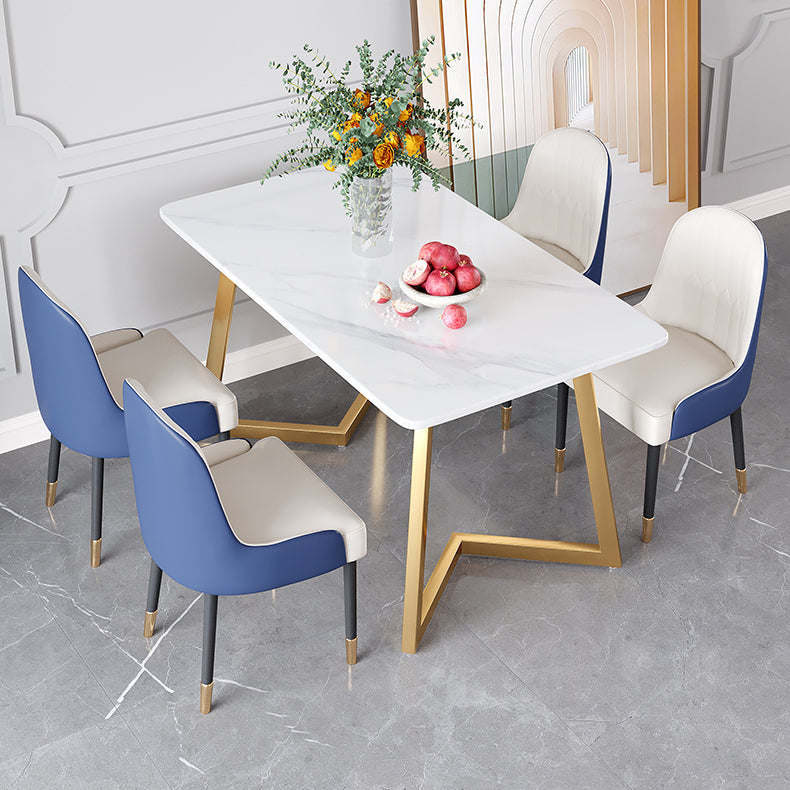 Glam Iron Dinette Set 1/2/5/6 Pieces Rectangle White Sintered Stone Top Dining Table Set