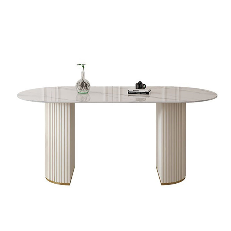 Modern Oval Dining Table Stone and Metal Double Pedestal Dining Table in White