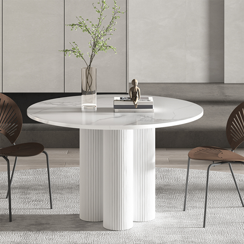 Round Standard Height Dining Table Modern Stone and Metal White Dinette Table