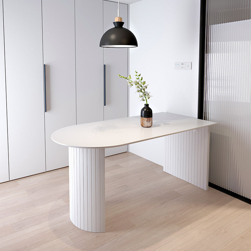 Irregular Shape Dining Table in White Modern Island Table with Double Pedestal