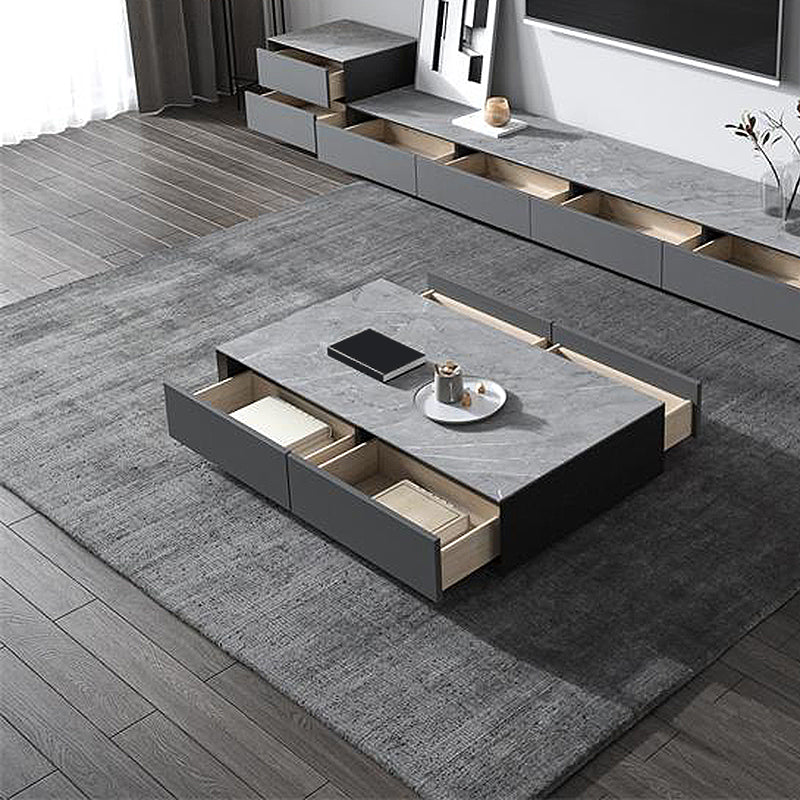 Modern Slate Block Coffee Table with Drawer Rectangular Cocktail Table