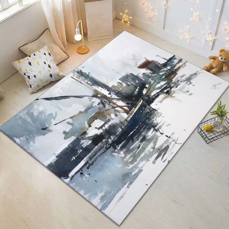 Dark Grey Abstract Print Rug Polyester Modern Rug Washable Rug for Living Room