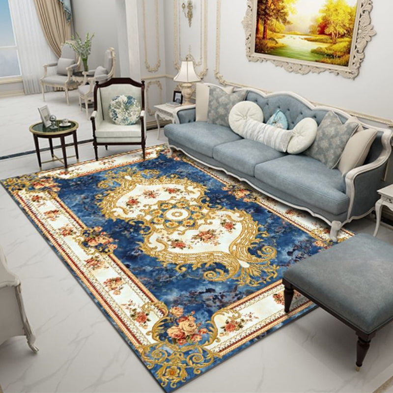 Navy Flower Rug Polyester Extravagant Rug Washable Rug for Living Room