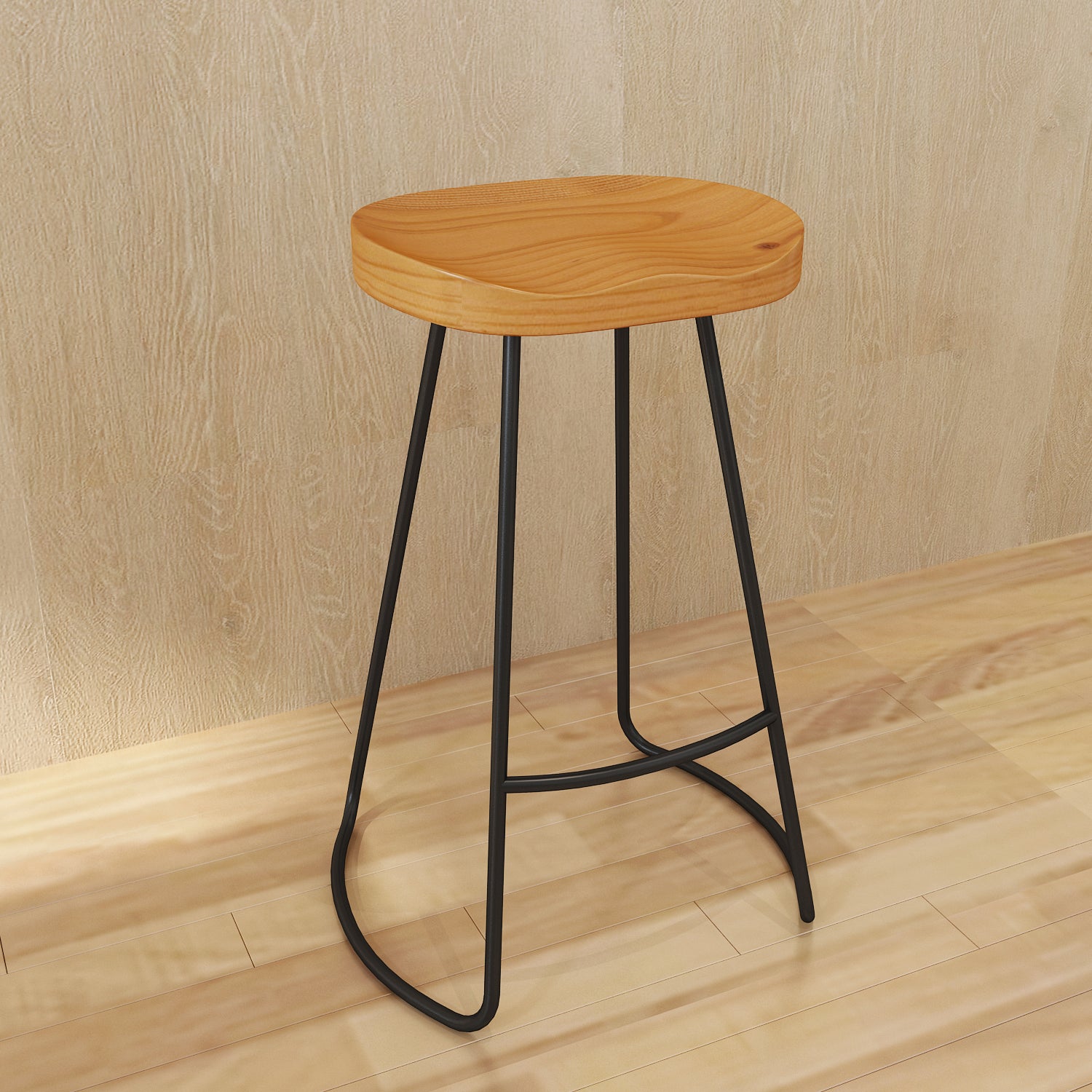 Modern Armless Counter Stool Iron Dessert Shop Bar Stool with Wooden Seat and Pedal