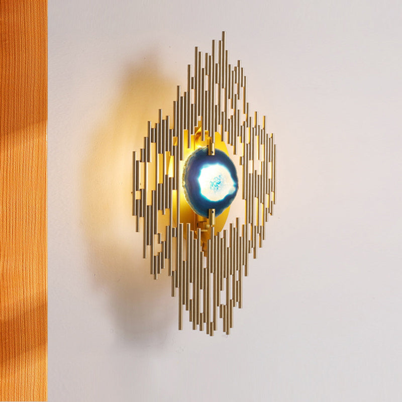 Contemporary Arc Rhombus Sconce Metallic 1 Light Living Room Wall Lighting in Gold with Agate Deco