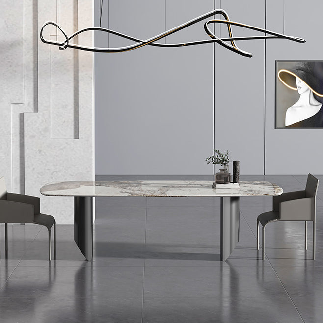Metal Contemporary Rectangular Dining Table Sintered Stone Table with Double Pedestal