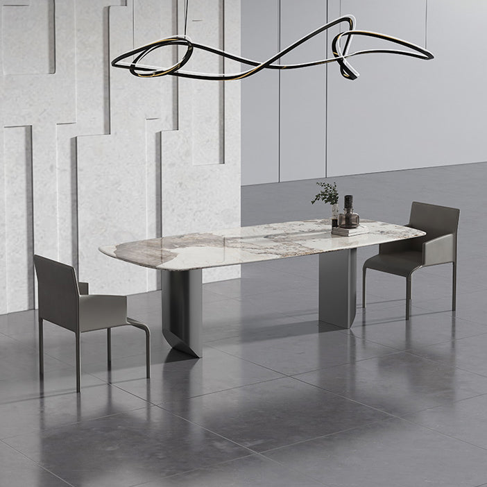 Metal Contemporary Rectangular Dining Table Sintered Stone Table with Double Pedestal