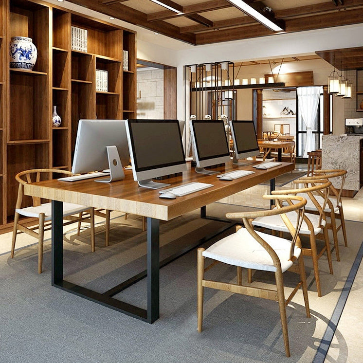 Solid Wood Top Dining Table Industrial Rectangle Table with Trestle Base