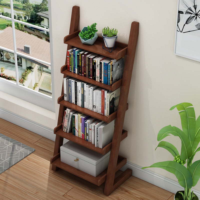 Rubber Wood Ladder Bookshelf Contemporary Open Bookcase for Home Office