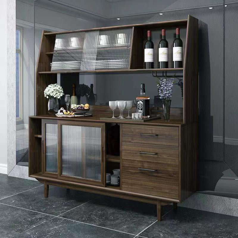 Pine Wood Buffet Table 3 Drawer 4 Glass Doors Simple Style Cupboard for Kitchen