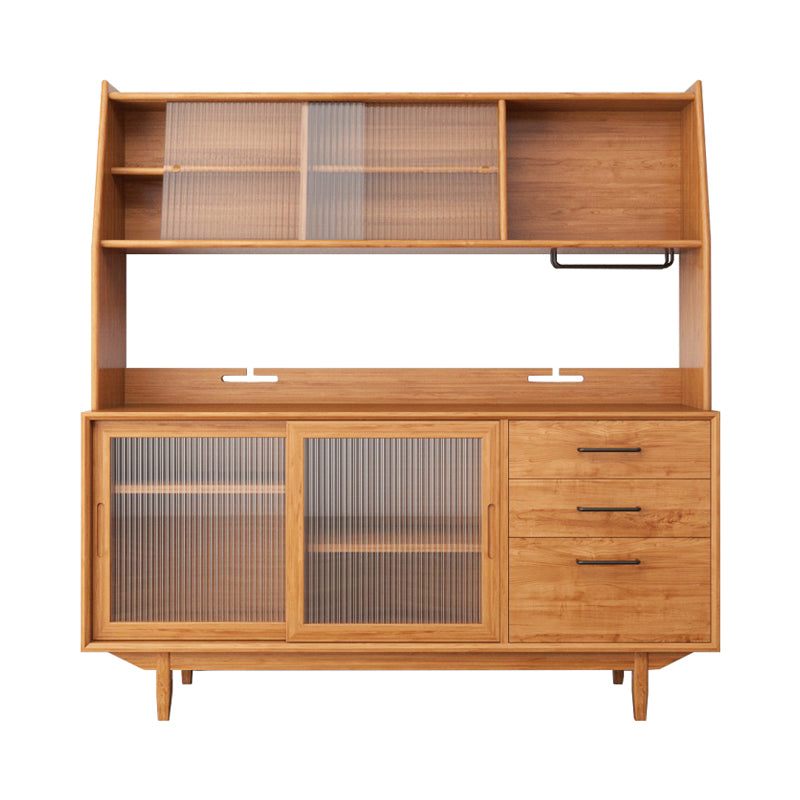 Pine Wood Buffet Table 3 Drawer 4 Glass Doors Simple Style Cupboard for Kitchen
