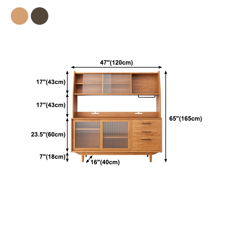 Pine Wood Buffet Table 3 Drawer 4 Glass Doors Simple Style Cupboard for Kitchen