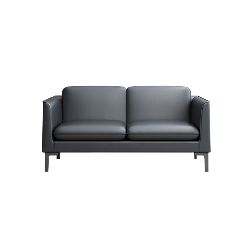 Glam Black Cushions Square Arm Genuine Leather Stationary Sofa