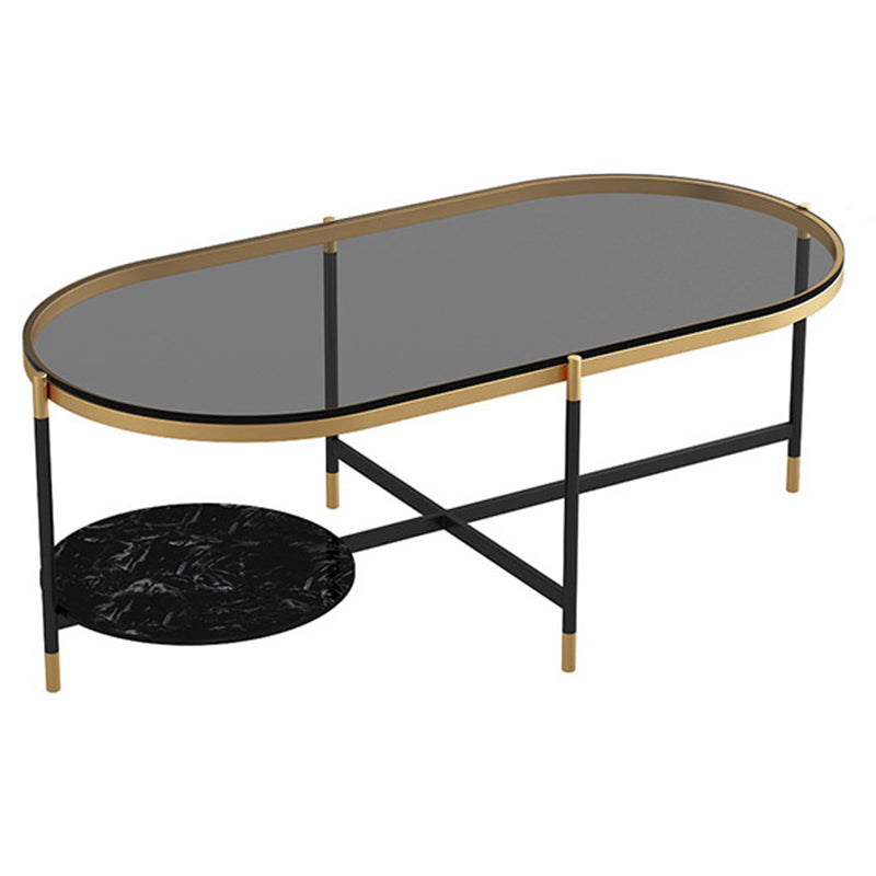 17.7" Tall Modern Metal Cross Leg Base Glass Oval Coffee Table with Shelf