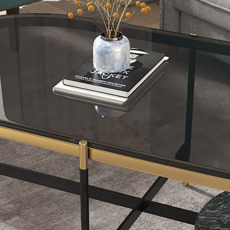 17.7" Tall Modern Metal Cross Leg Base Glass Oval Coffee Table with Shelf