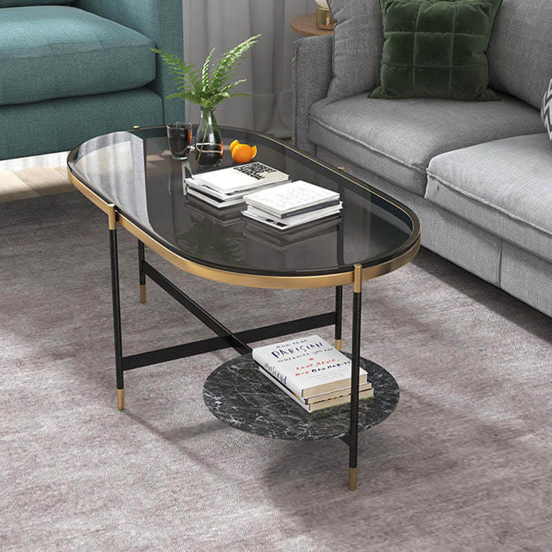 17.7" Tall Modern Metal Cross Leg Base Glass Oval Coffee Table with Shelf