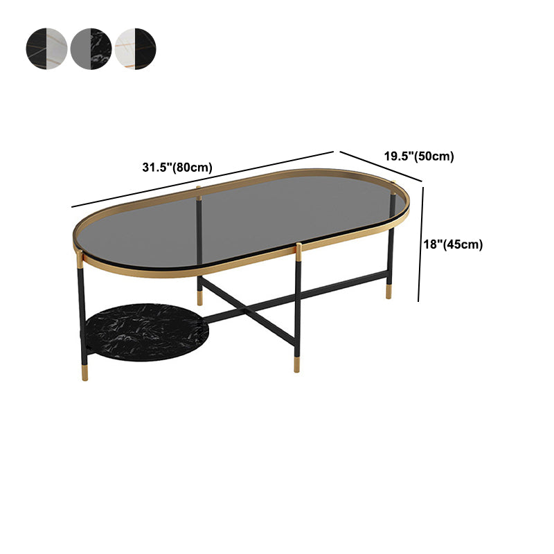 17.7" Tall Modern Metal Cross Leg Base Glass Oval Coffee Table with Shelf