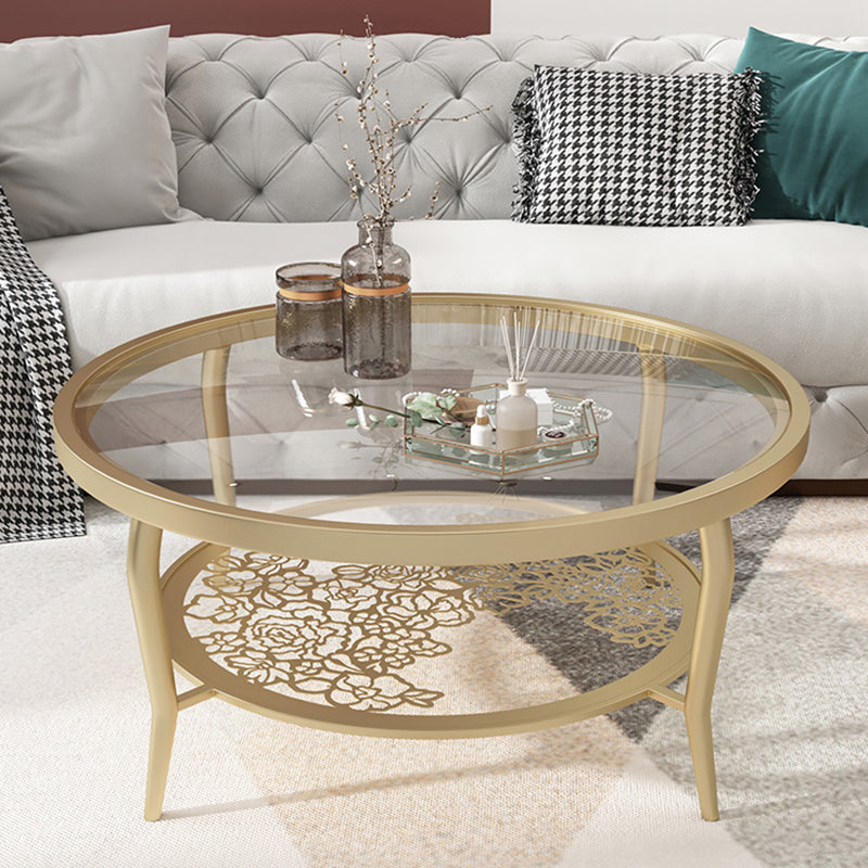 23.6"/17.7"H Modern 4 Legs Steel Base Glass Round Coffee Table with Shelf