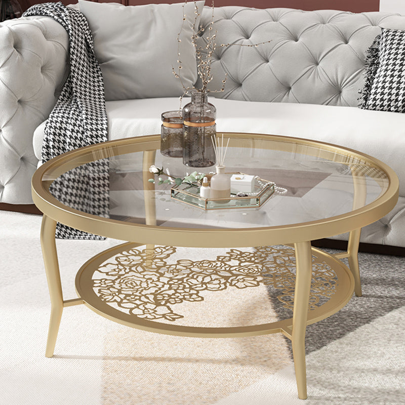 23.6"/17.7"H Modern 4 Legs Steel Base Glass Round Coffee Table with Shelf