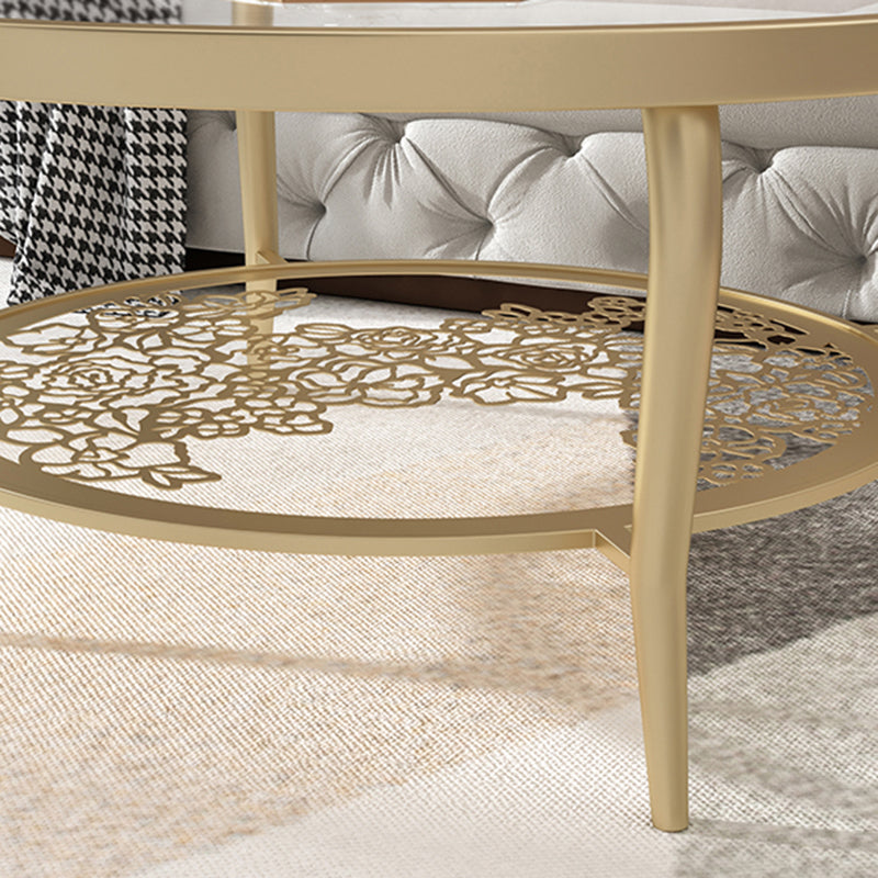 23.6"/17.7"H Modern 4 Legs Steel Base Glass Round Coffee Table with Shelf