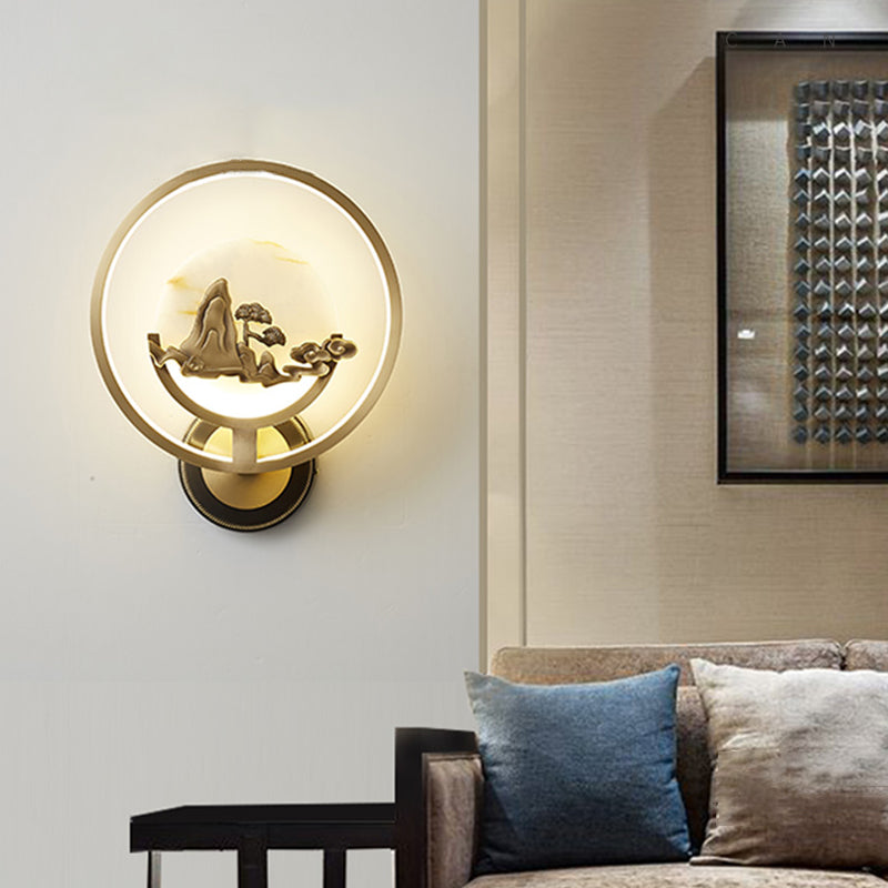 New Chinese Style Jade Wall Light Circle Shape Wall Lamp with Acrylic Shade for Bedroom