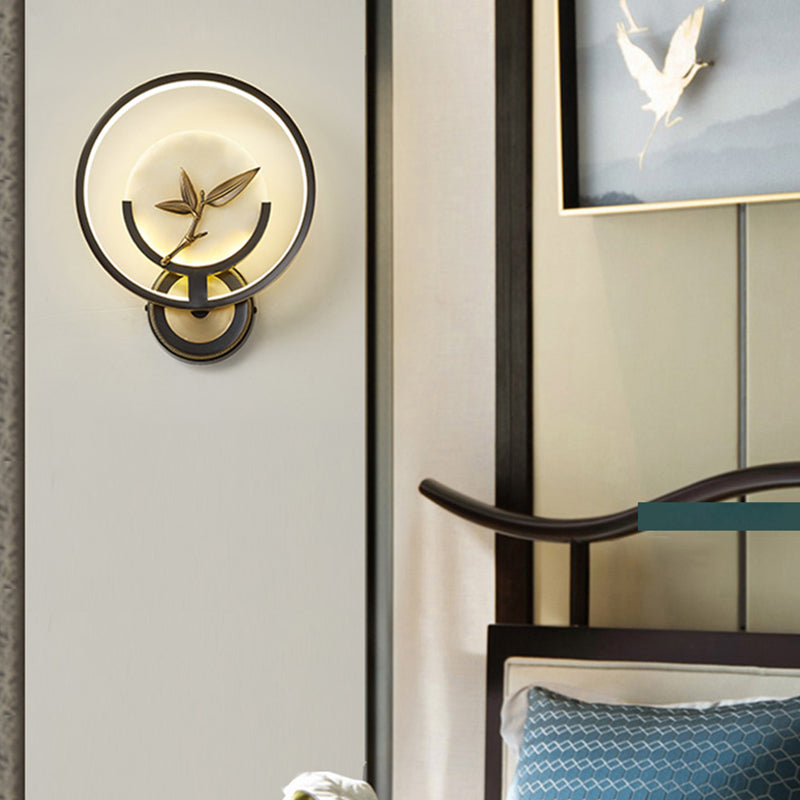 New Chinese Style Jade Wall Light Circle Shape Wall Lamp with Acrylic Shade for Bedroom
