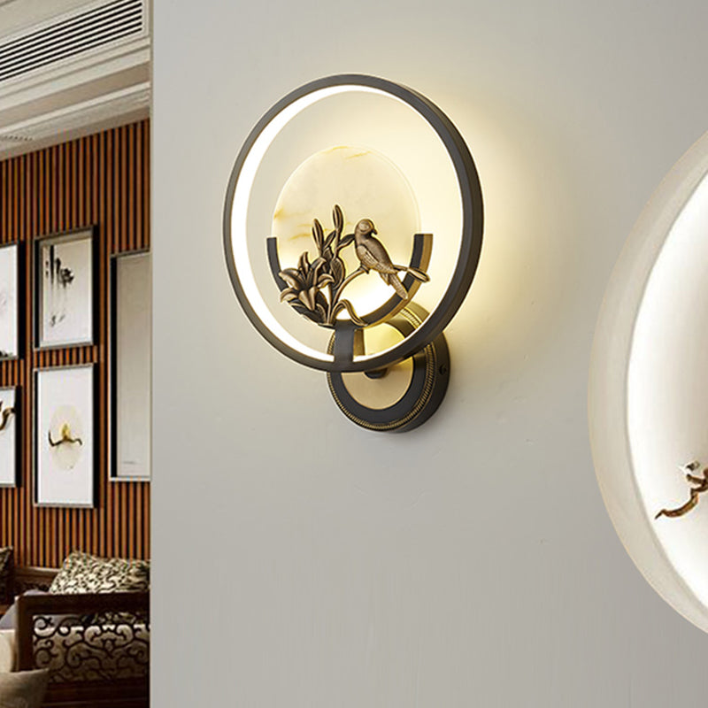 New Chinese Style Jade Wall Light Circle Shape Wall Lamp with Acrylic Shade for Bedroom