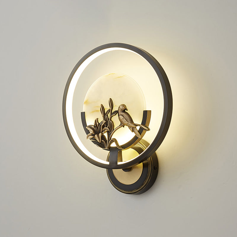 New Chinese Style Jade Wall Light Circle Shape Wall Lamp with Acrylic Shade for Bedroom