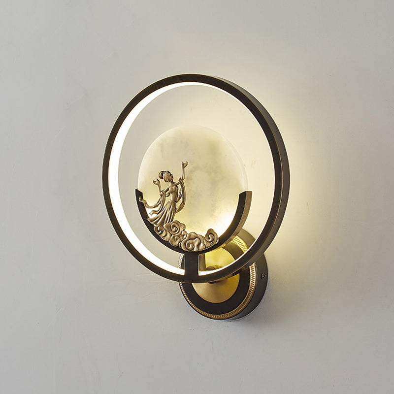New Chinese Style Jade Wall Light Circle Shape Wall Lamp with Acrylic Shade for Bedroom