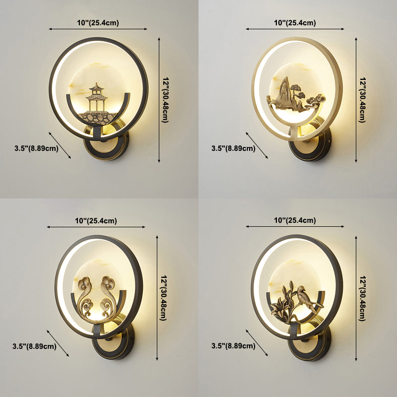 New Chinese Style Jade Wall Light Circle Shape Wall Lamp with Acrylic Shade for Bedroom