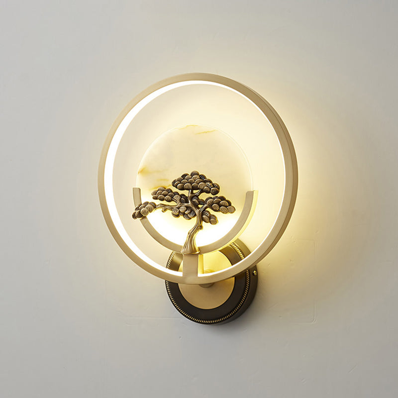 New Chinese Style Jade Wall Light Circle Shape Wall Lamp with Acrylic Shade for Bedroom