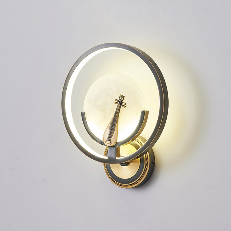 New Chinese Style Jade Wall Light Circle Shape Wall Lamp with Acrylic Shade for Bedroom