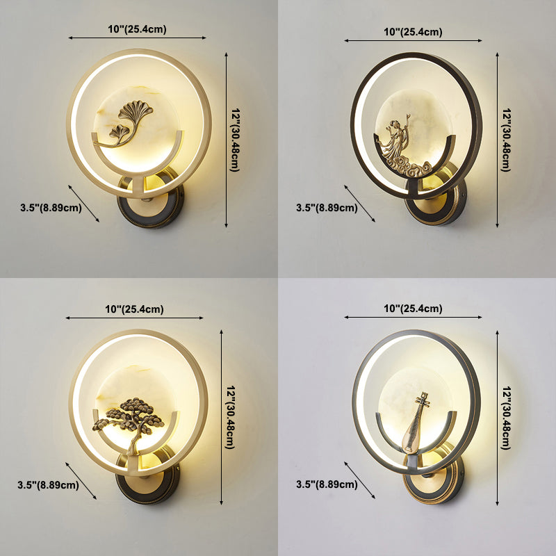 New Chinese Style Jade Wall Light Circle Shape Wall Lamp with Acrylic Shade for Bedroom