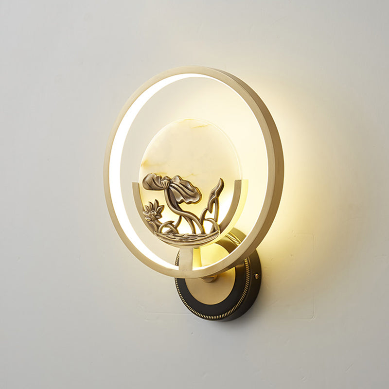 New Chinese Style Jade Wall Light Circle Shape Wall Lamp with Acrylic Shade for Bedroom
