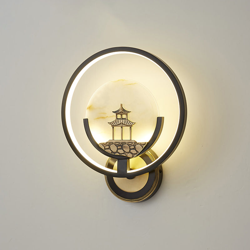 New Chinese Style Jade Wall Light Circle Shape Wall Lamp with Acrylic Shade for Bedroom