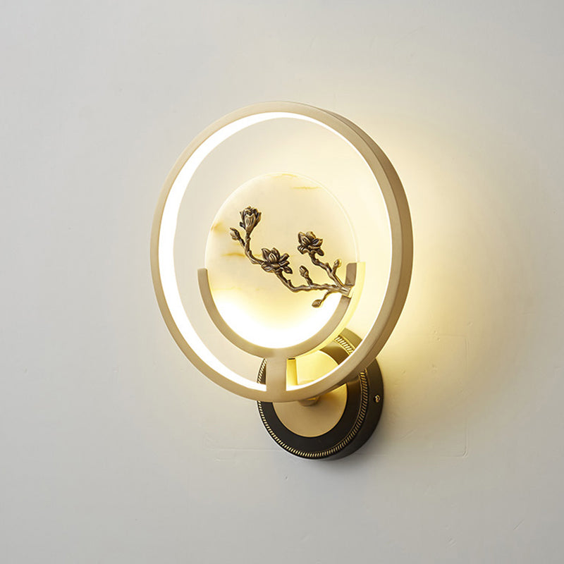 New Chinese Style Jade Wall Light Circle Shape Wall Lamp with Acrylic Shade for Bedroom