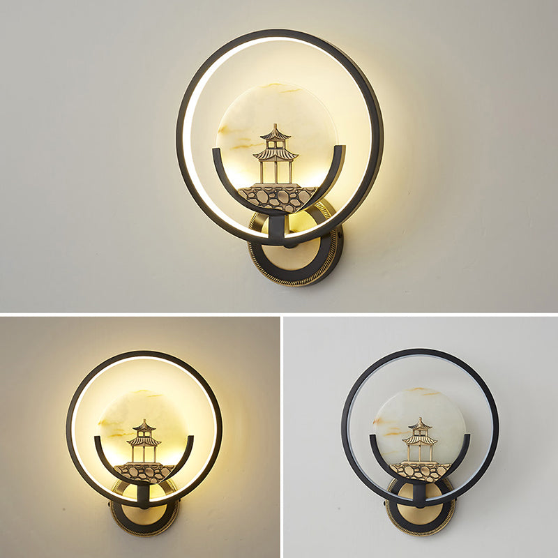 New Chinese Style Jade Wall Light Circle Shape Wall Lamp with Acrylic Shade for Bedroom
