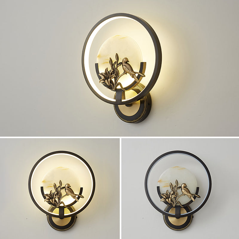 New Chinese Style Jade Wall Light Circle Shape Wall Lamp with Acrylic Shade for Bedroom