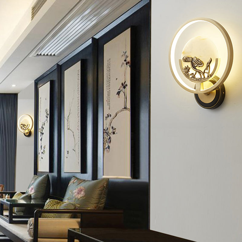 New Chinese Style Jade Wall Light Circle Shape Wall Lamp with Acrylic Shade for Bedroom