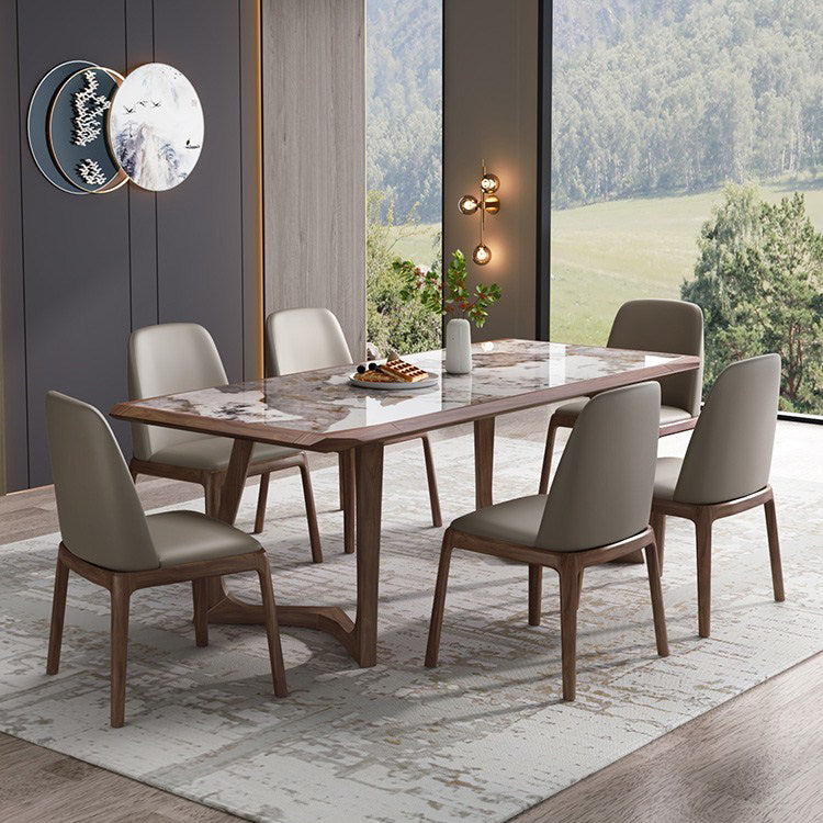 Brown Finish Legs Dining Site Table Modern Stone Top Rectangle Counter Dining Table