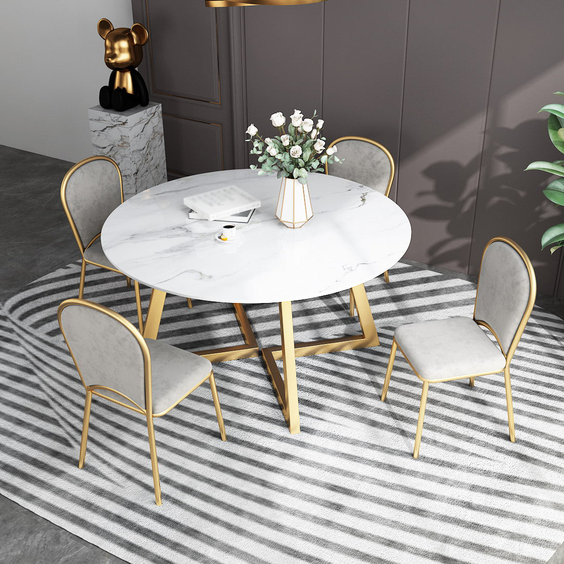 White Stone Top Dining Table Glam Style Gold Base Dining Table for Living Room