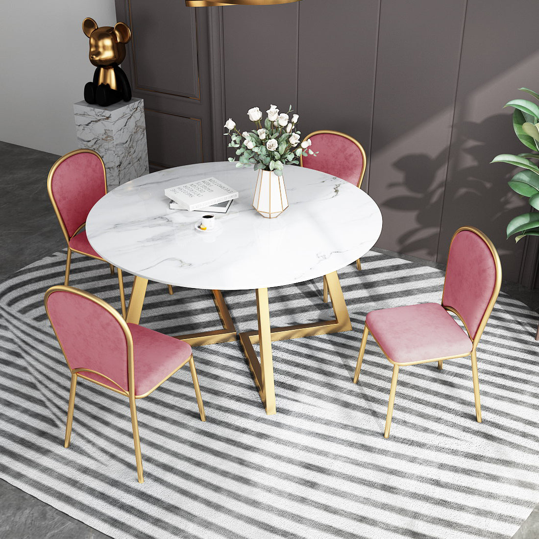 White Stone Top Dining Table Glam Style Gold Base Dining Table for Living Room