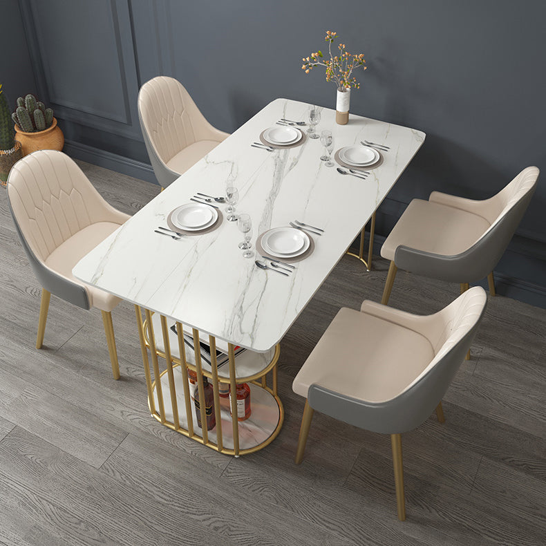Glam Style Dining Table Metal Double Gold Pedestal Table with Storage