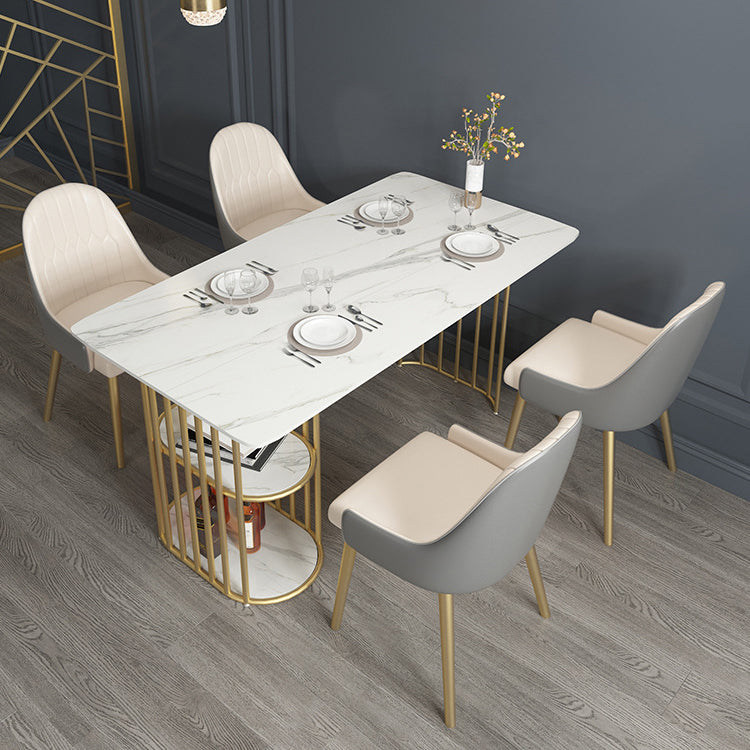 Glam Style Dining Table Metal Double Gold Pedestal Table with Storage