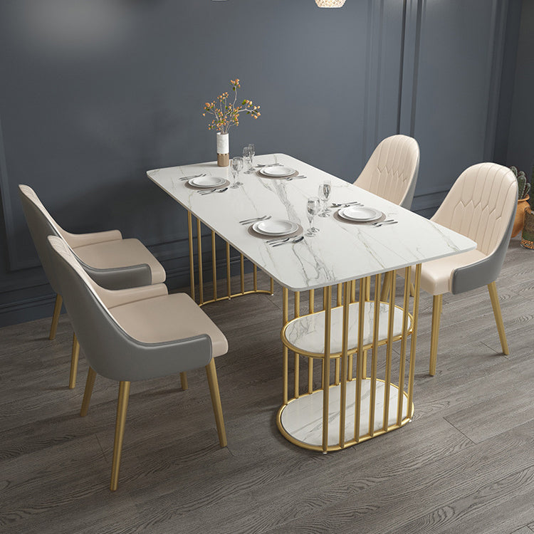 Glam Style Dining Table Metal Double Gold Pedestal Table with Storage