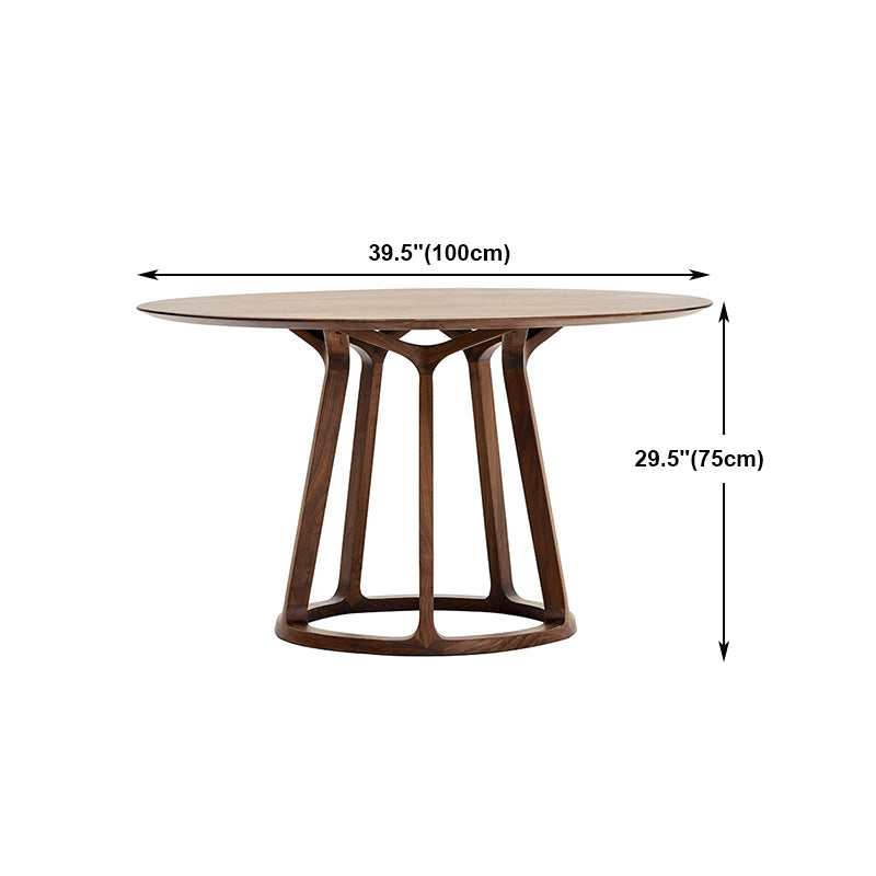 Round Pedestal Simplicity Dining Table Brown Tone Fixed Table with Pinewood Solid Wood